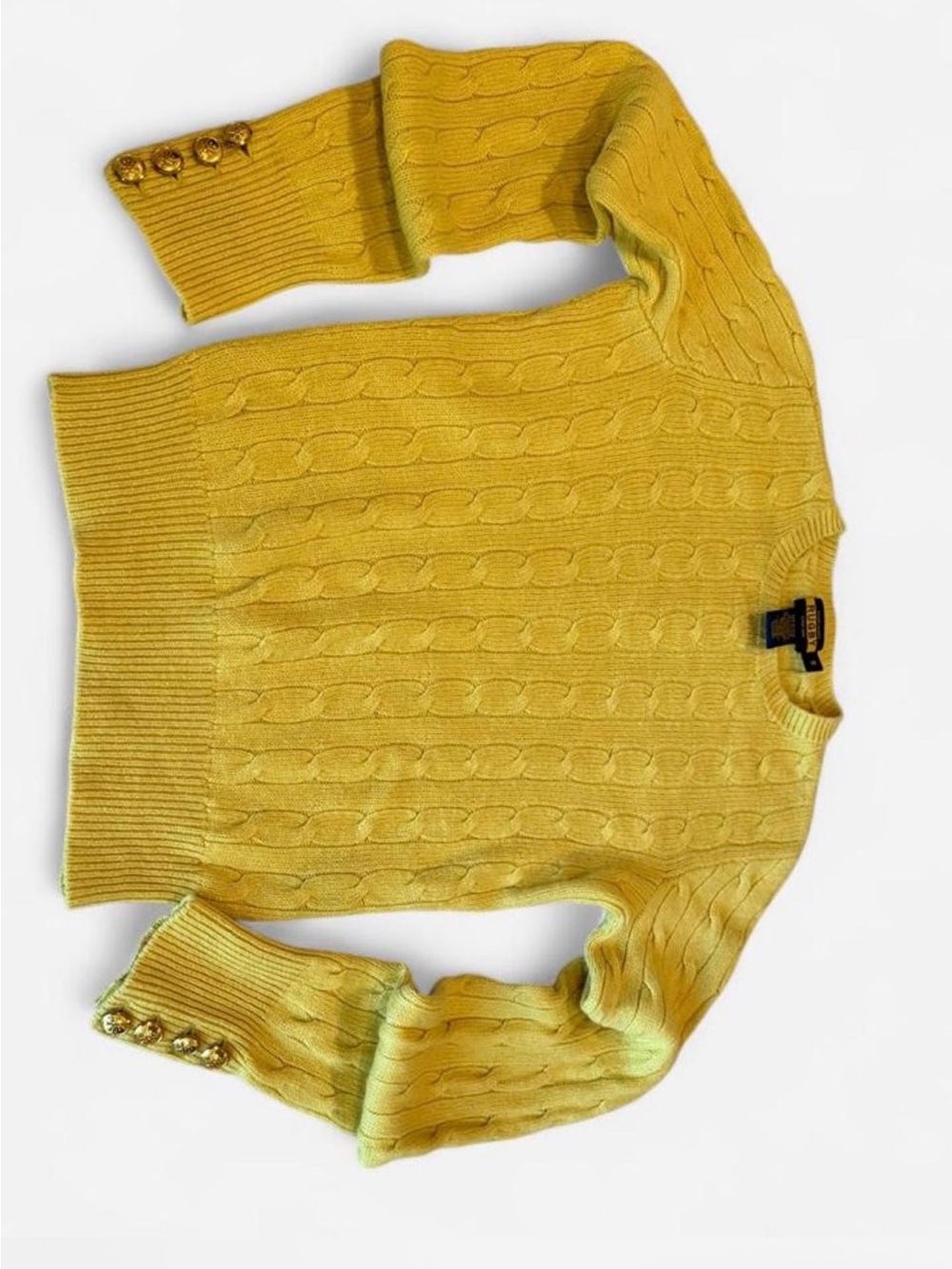 Ralph Lauren Yellow Cable-Knit Crewneck Sweater with Gold Buttons